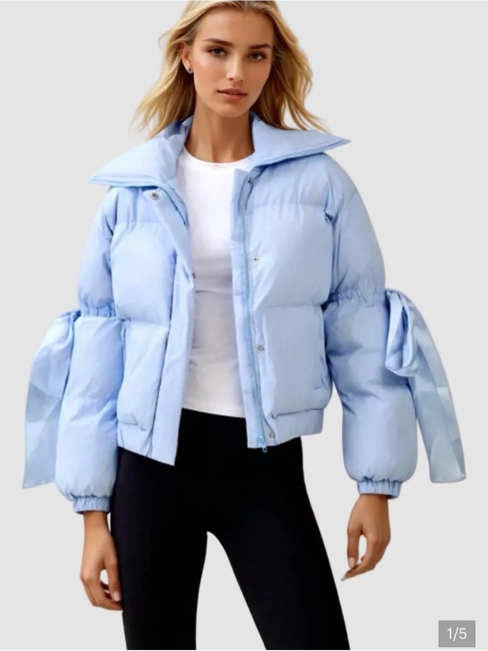 TCEC light blue puffer jacket/ coat with side sleeve bows - L